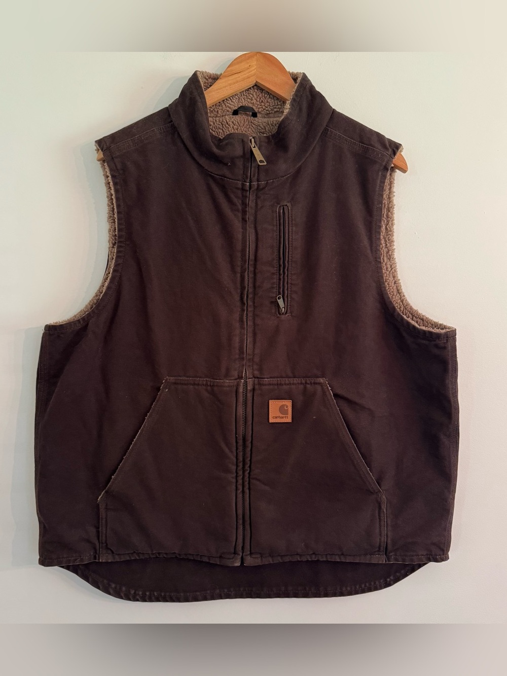 Carhartt V33 DKB Vest Mens L Dark Brown Sherpa Lined Sandstone Duck Canvas